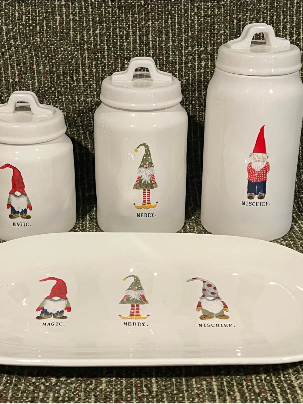 Rae Dunn Holiday Gnome Ceramic Canister Set & Platter
